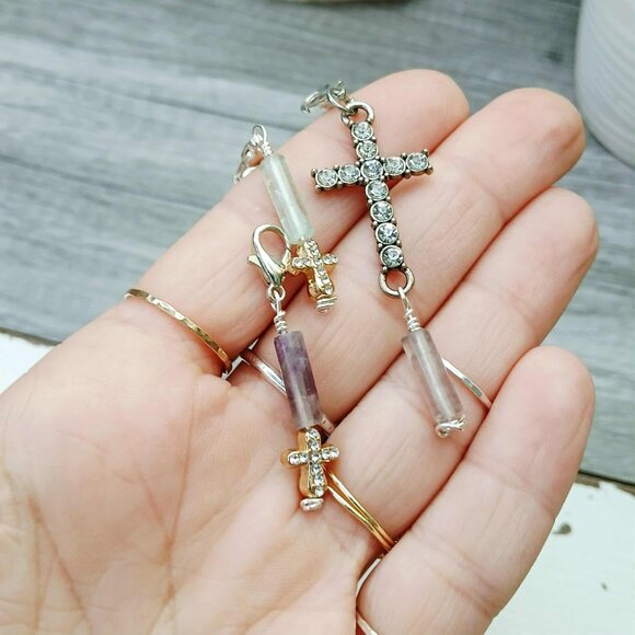 Stitch Markers 3 Piece Fluorite Gemstone Rhinestone Cross Charms - Picture 2 of 5